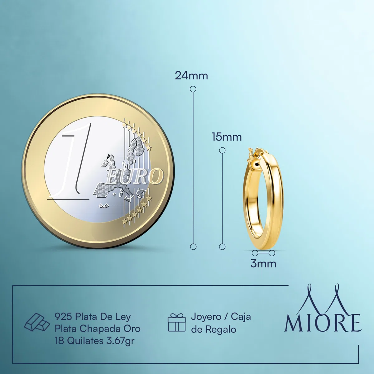 Miore Pendientes Mujer Plata de Ley 925 Bañados Oro 18K 750 de 15mm, Aros Redondos de Oro Amarillo 9 Quilates con Tubos Planos de 20mm, Hechos a Mano en Italia, Joyas Dorados con Joyero
