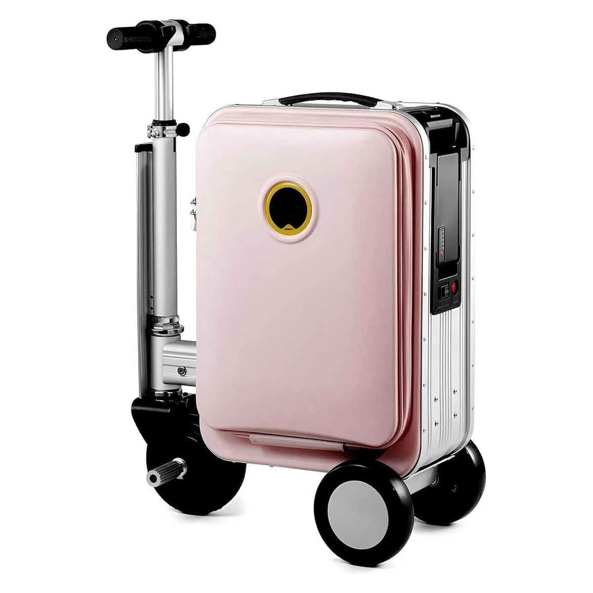 Maleta eléctrica para montar, 20 L, puerto de carga USB, batería extraíble, rango de 8 a 9 millas, bloqueo TSA para viajes y desplazamientos, Pink