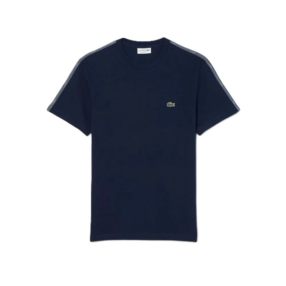Lacoste Camiseta de Manga Corta para Hombre, Algodón 100%, Azul Marino, Cuello Redondo, Raya en Hombros, Regular Fit
