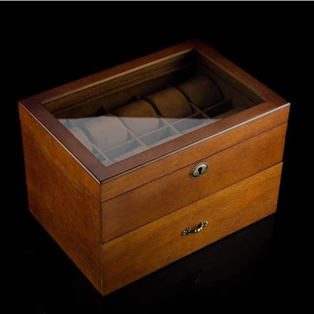 Caja de reloj de 20 ranuras para hombre, organizador de almacenamiento de relojes de doble capa de madera maciza, joyero retro con tapa de cristal