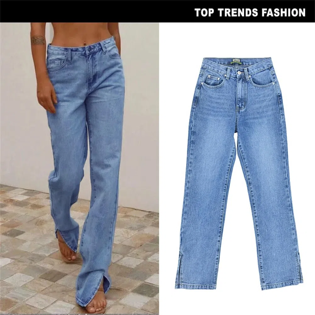 Pantalones Vaqueros Ajustados De Pierna Recta para Mujer con Piernas Abiertas Y Sensación De Drapeado, Pantalones hasta El Suelo con Un Diseño Ligeramente Acampanado