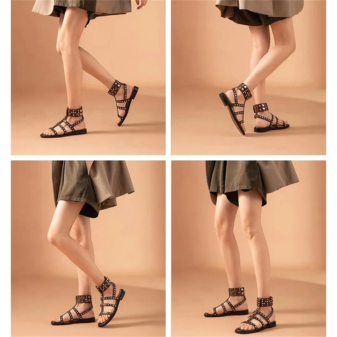 Sandalias de gladiador con correa de hebilla y correa al tobillo para mujer, tacón cuadrado, lado abierto, estilo gladiador, piel de vaca, detalle de remaches, estilo romano casual