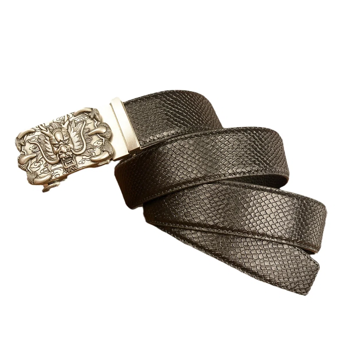 Cinturón De Cuero Con Trinquete Deslizante Occidental Diseño Piel Serpiente Hebilla Automática Dragón 120 Cm (cintura 41 ") Negro