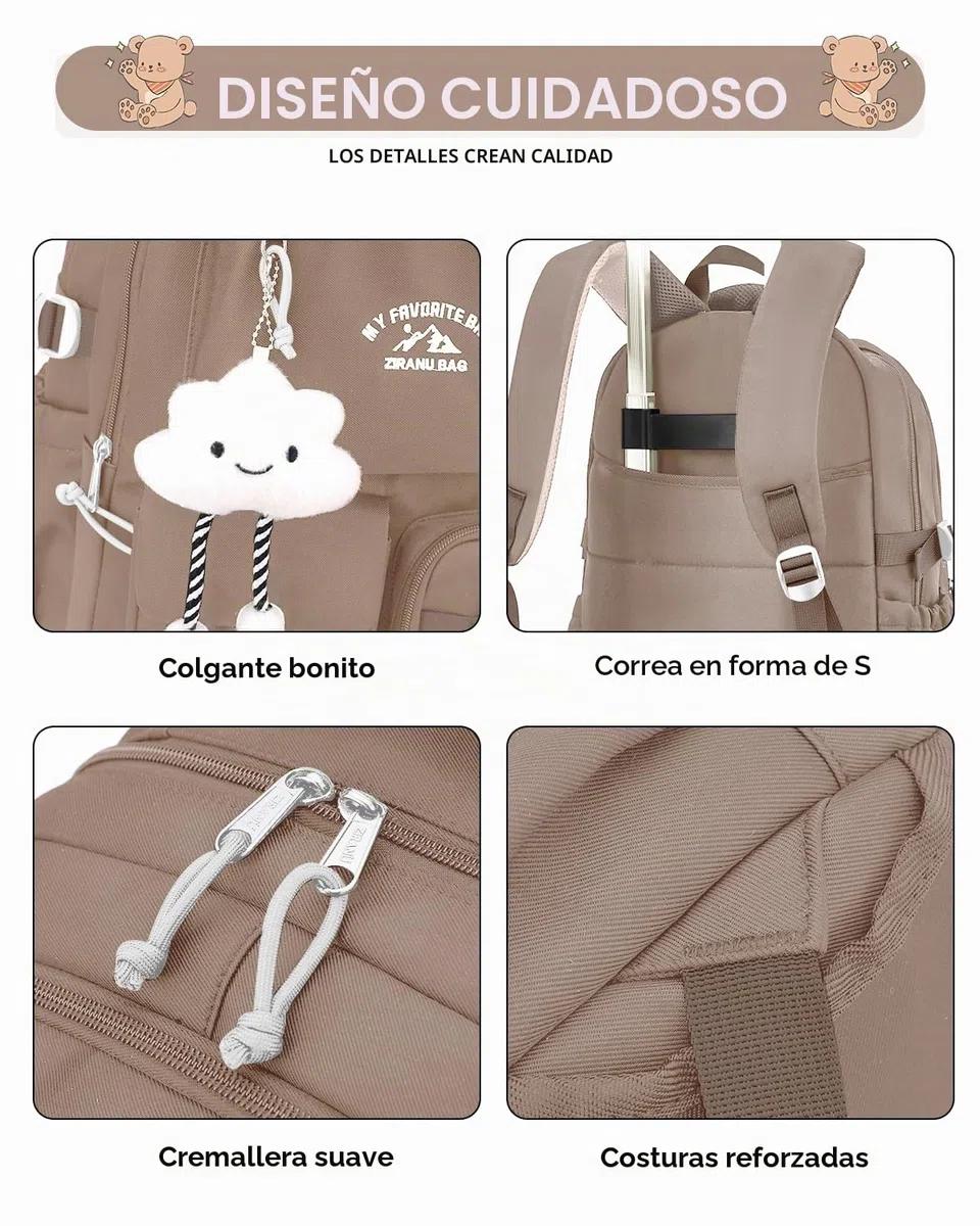 Tanou Mochila Escolar Niña con Ruedas, Mochilas Adolescente Chica con Carro | 30L, Trolley Desmontable Mochila Instituto de Viaje con 6 Ruedas, Marrón