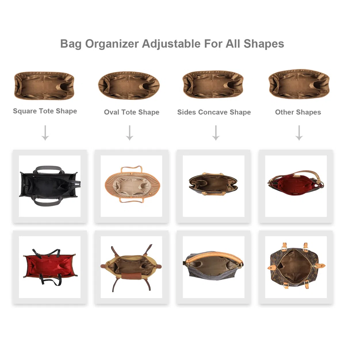 Organizador de monedero para bolsos, organizador de seda con cremallera, suave y sedoso, organizador de bolsas para Speedy Neverful, onthego, Artsy, 6 tamaños (tamaño grande, marrón sedoso)