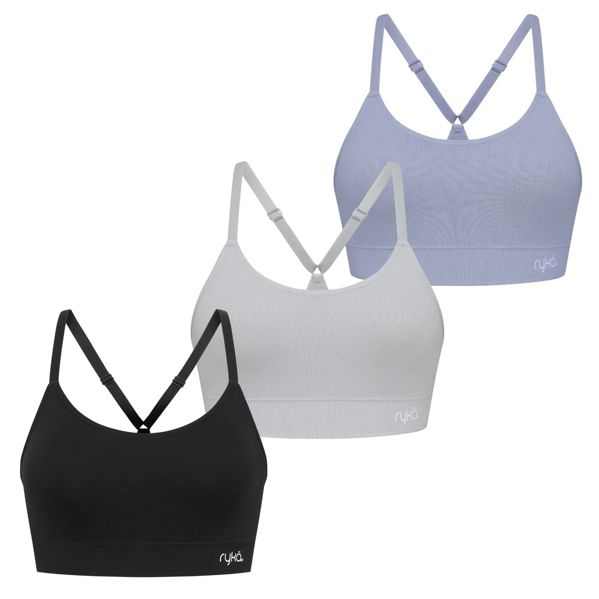 Ryka Katharina - Brasier deportivo sin costuras para yoga, espalda cruzada, sostén deportivo, almohadillas extraíbles, paquete de 3