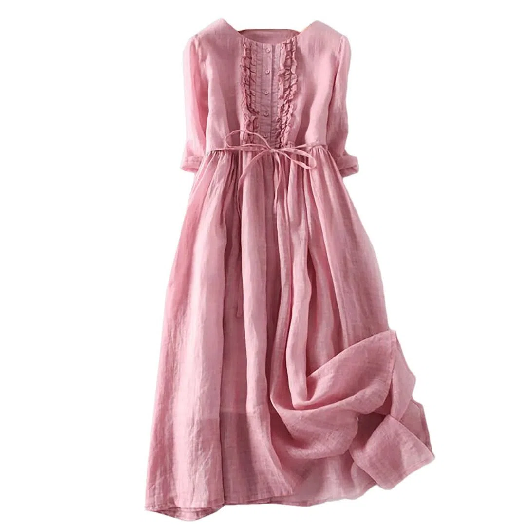 Vestido de mujer vintage de algodón y lino suelto, manga corta, túnica, vestido de vacaciones