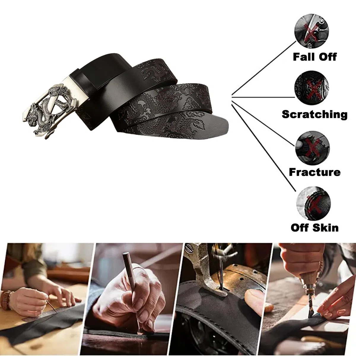 Vestido para hombre Jeans Cinturón Trinquete Automático Dragón deslizante Hebilla plateada Cuero en relieve Correas de cintura negras 1 3/8 "(35 mm)