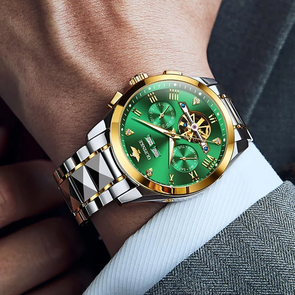 OUPINKE Relojes automáticos para hombre, esqueleto, mecánico, cuerda automática, reloj de pulsera de lujo, vestido de negocios, diamante, acero de tungsteno, cristal de zafiro, calendario, Correa de