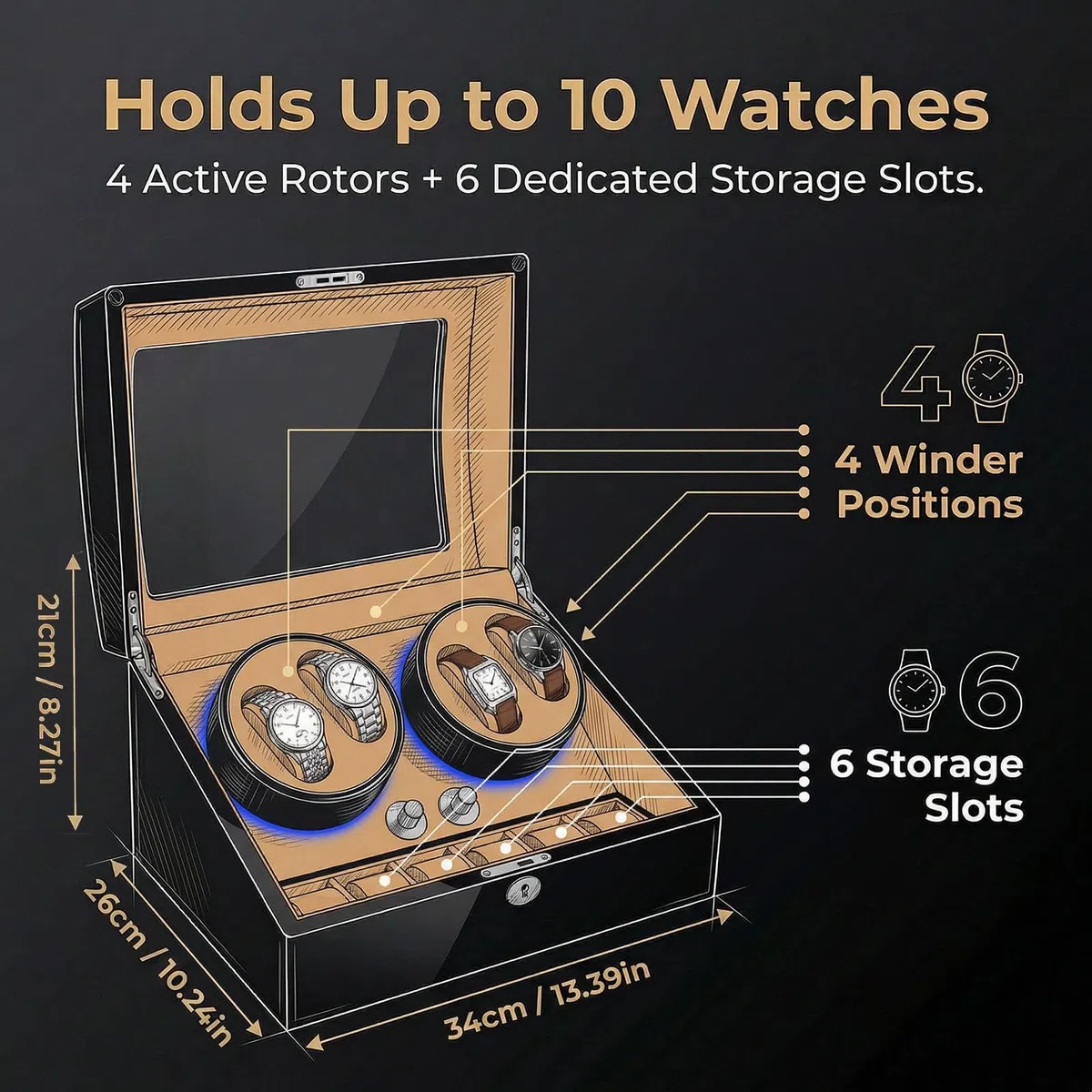 Caja Giratoria para 4 Relojes Automáticos con 6 Compartimentos