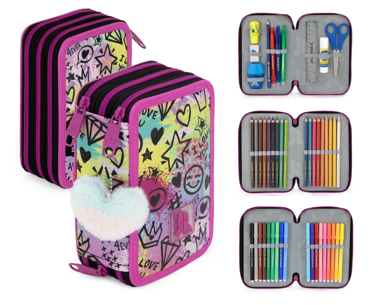 Pack Escolar Niña Primaria - Mochila Ergonómica Gran Capacidad 43x33x20 cm y Estuche 3 Cremalleras Completo (46 Piezas) - Diseño "Shiny Mood" con Llavero Pompón (6-10 Años)