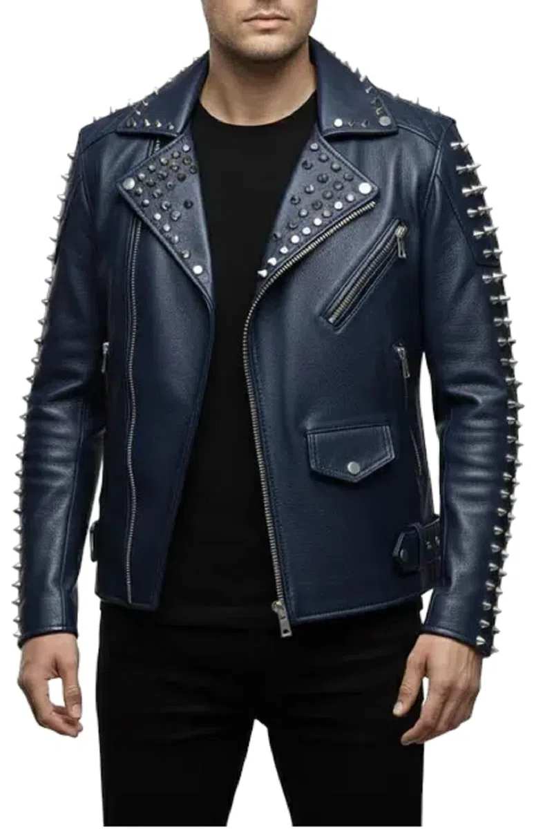 Chaqueta de cuero azul marino con tachuelas para hombre, ropa de abrigo punk rock con pinchos para Halloween