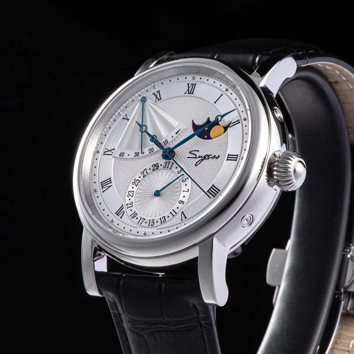 SU2153SW MoonPhase Master Seagull ST2108 - Reloj mecánico automático para hombre con cristal de zafiro 1963, plata, Correa