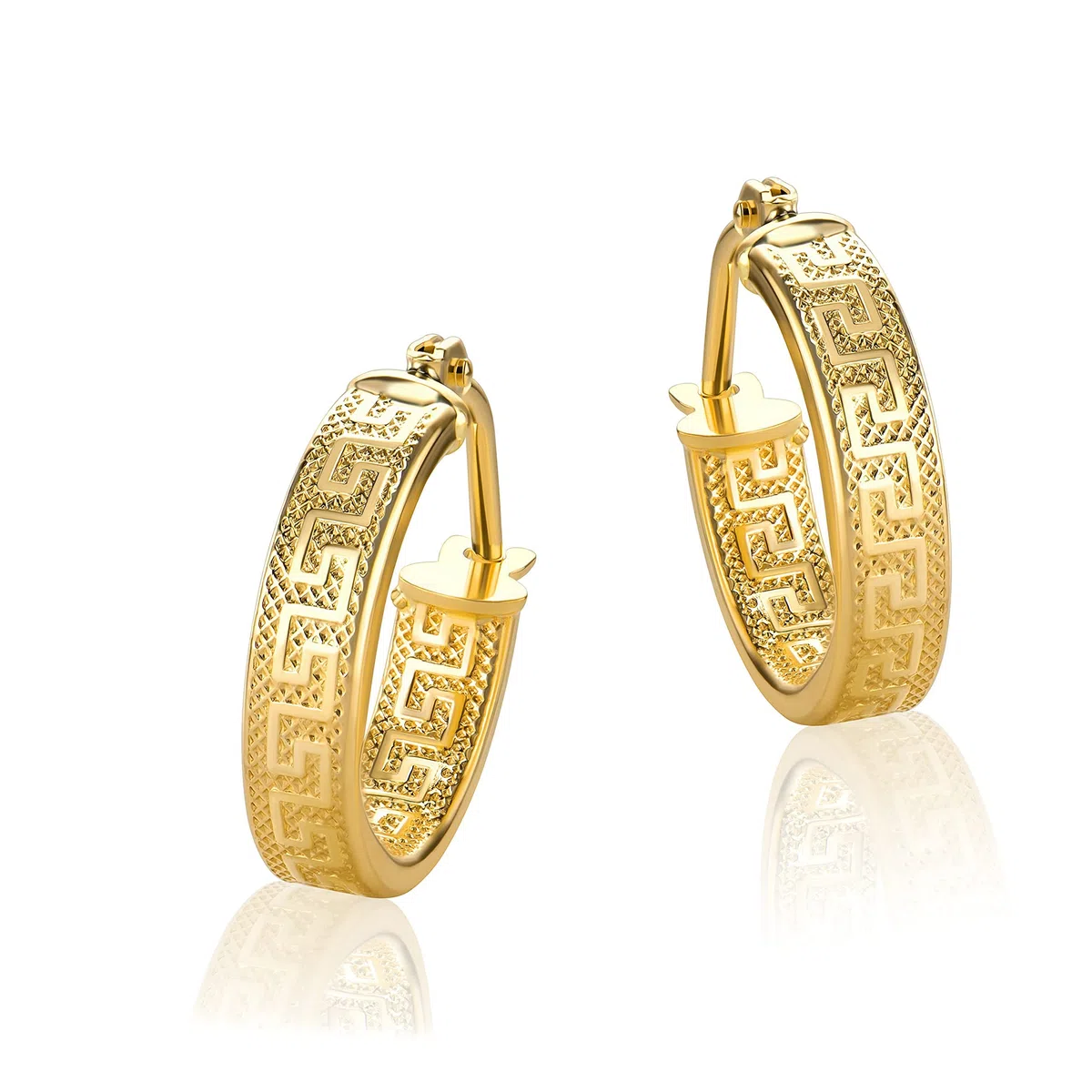 Pequeños pendientes de aro con llave griega de oro amarillo de 18 quilates/750 diamantados (2 x 14 mm Ø) - PRI37A