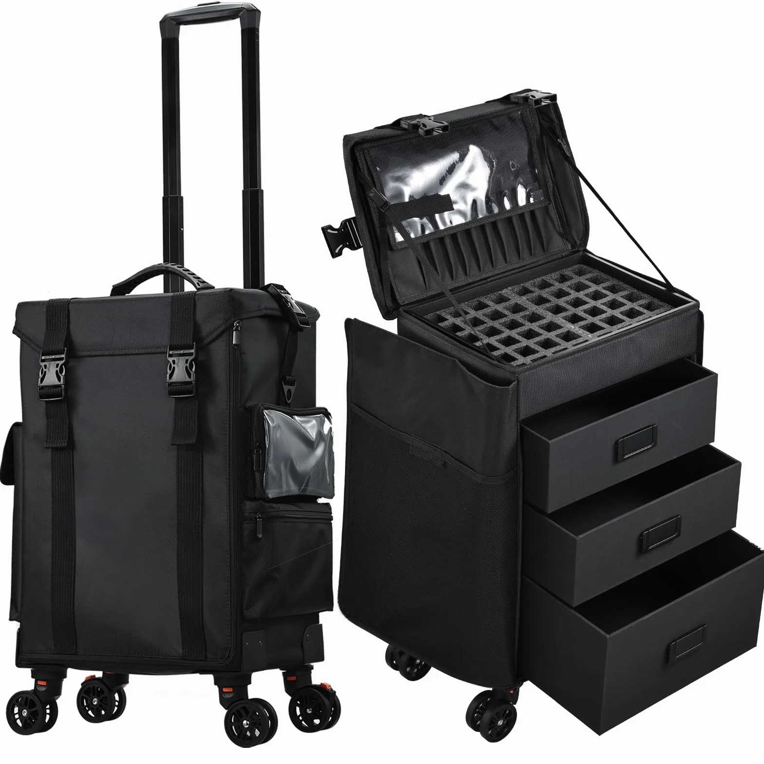 Maleta Maquillaje con Ruedas Maletín de Maquillaje Profesional 4 en 1 Maletin Peluqueria en Tela Oxford Carro de Maquillaje con 3 Cajones Caja Maquillaje, Esteticista y Manicurista, Negro