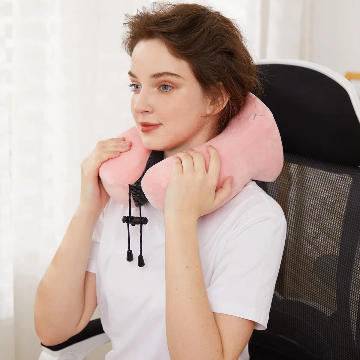 Almohada de Viaje, Almohada Cervical de Espuma viscoelástica, Soporte de Cabeza, Almohada Suave de Apoyo a la Cabeza para el Descanso en avión, Coche u hogar (Rosa)