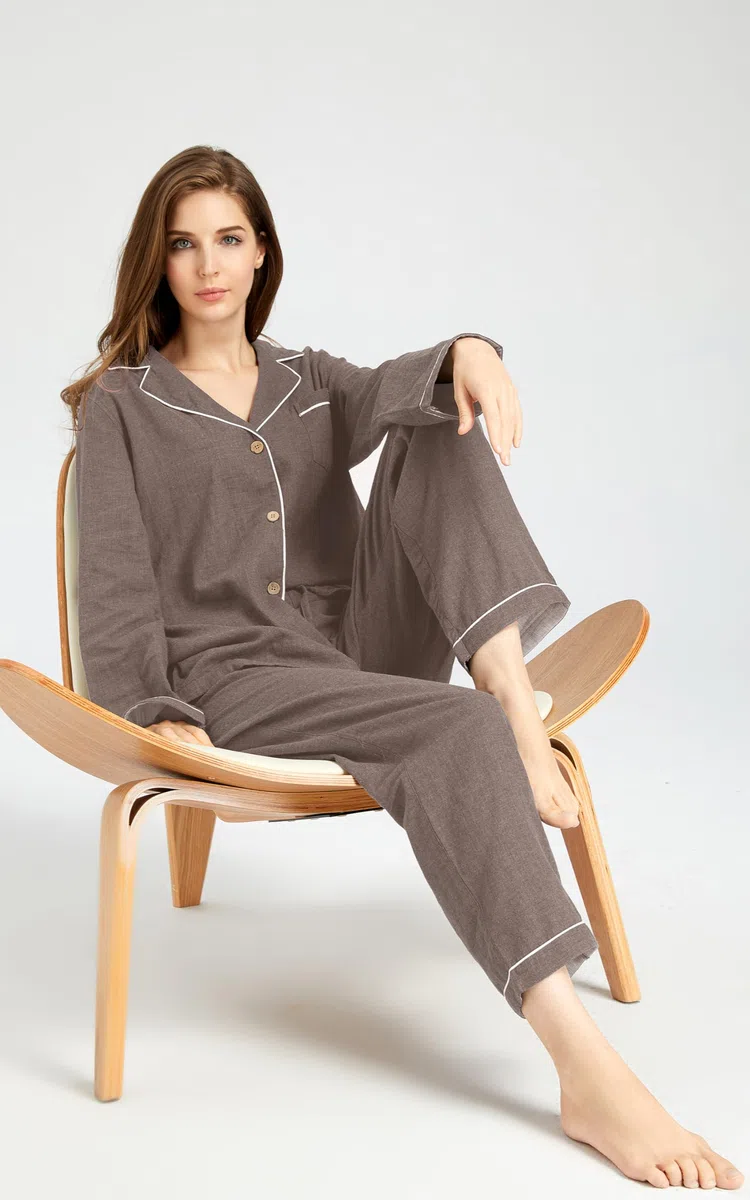 Conjunto de pijama para mujer, 100 % gasa doble, algodón y lino, de muselina, de manga larga, con botones, ropa de dormir suave | Conjunto de pijama transpirable suave y cómodo con botones