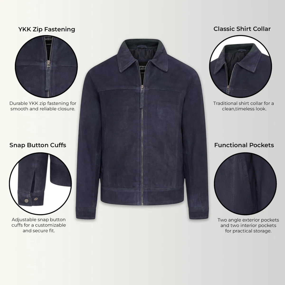 Infinity Leather Chaqueta Harrington de cuero de cabra auténtico estilo motero, color azul marino retro, para hombre.