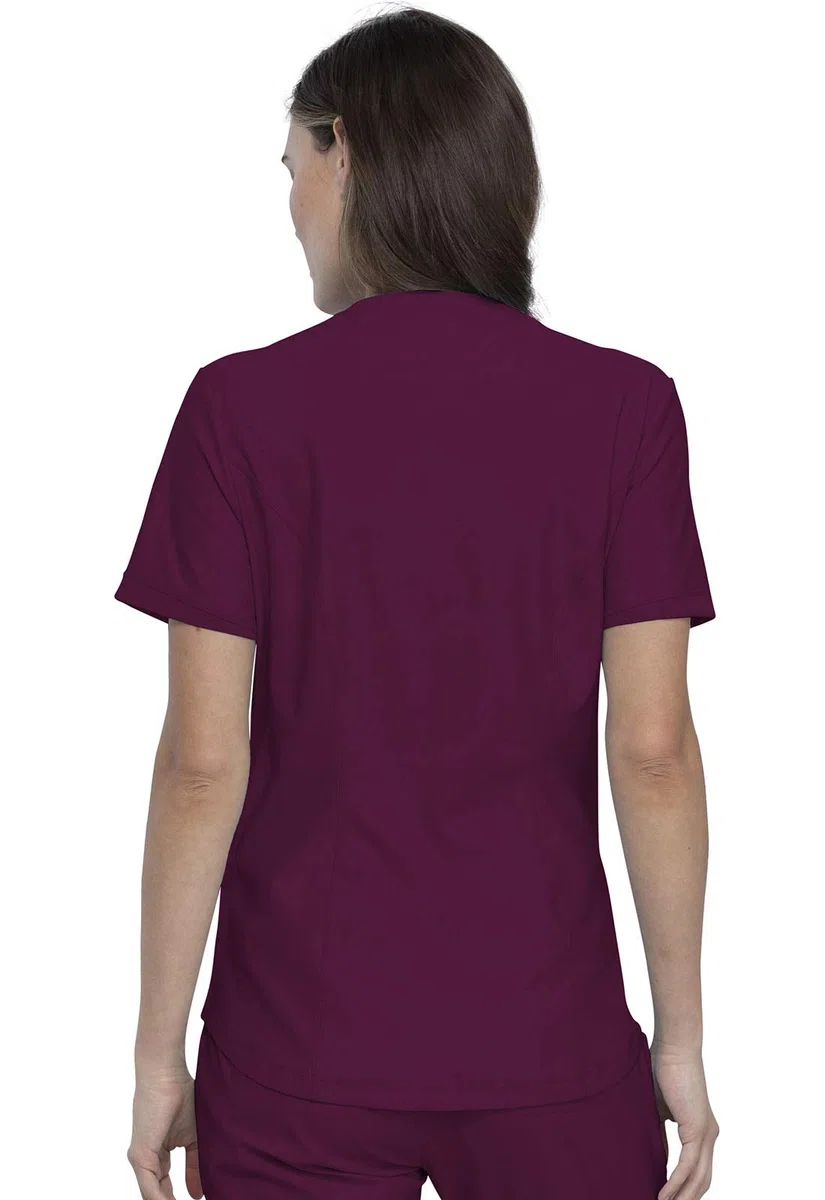 Cherokee Conjunto de uniforme médico para mujer, 7 bolsillos, cuello en V, dobladillo curvado CK840 y pantalón de pierna cónica de tiro medio CK095, color vino, talla XS, pantalón alto