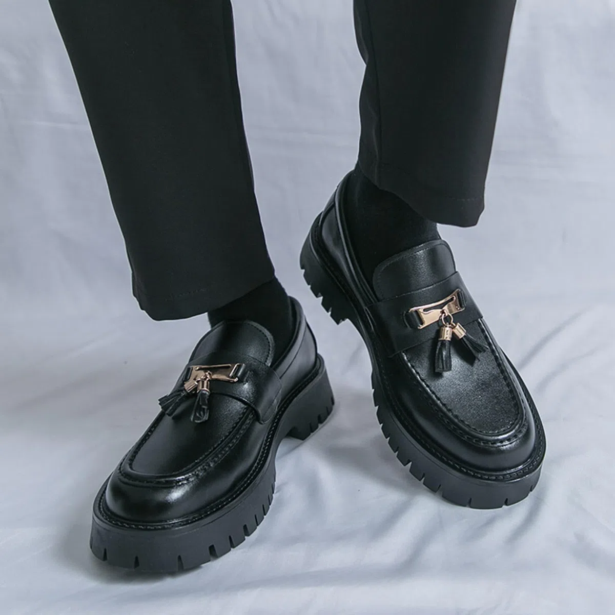 Mocasines Hombre Piel PU con Borlas Zapatos Vestir Casual Suela Gruesa