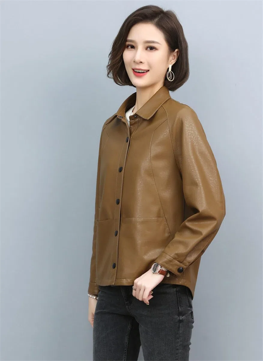 Chaqueta Moto Mujer,Chaqueta De Piel Sintética Para Mujer Shacket Caqui Solapa Broche Pu Moto Biker Coat Bolsillo Corto Bomber Jacket Elegante Manga Larga Raglán Motocicleta Casual Chaqueta Outwea
