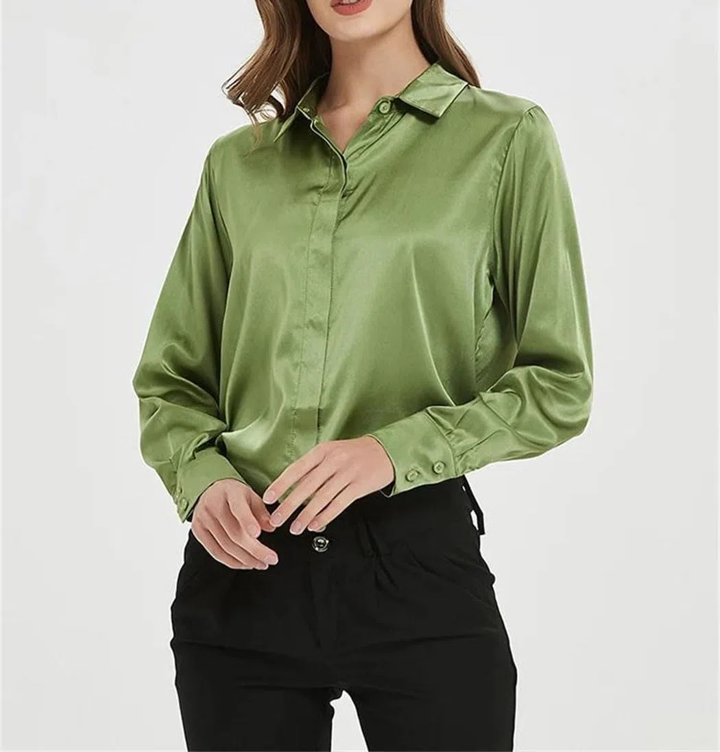 Camisas lisas para mujer, 100 % seda real, de manga larga, blusas de primavera y verano, para la oficina
