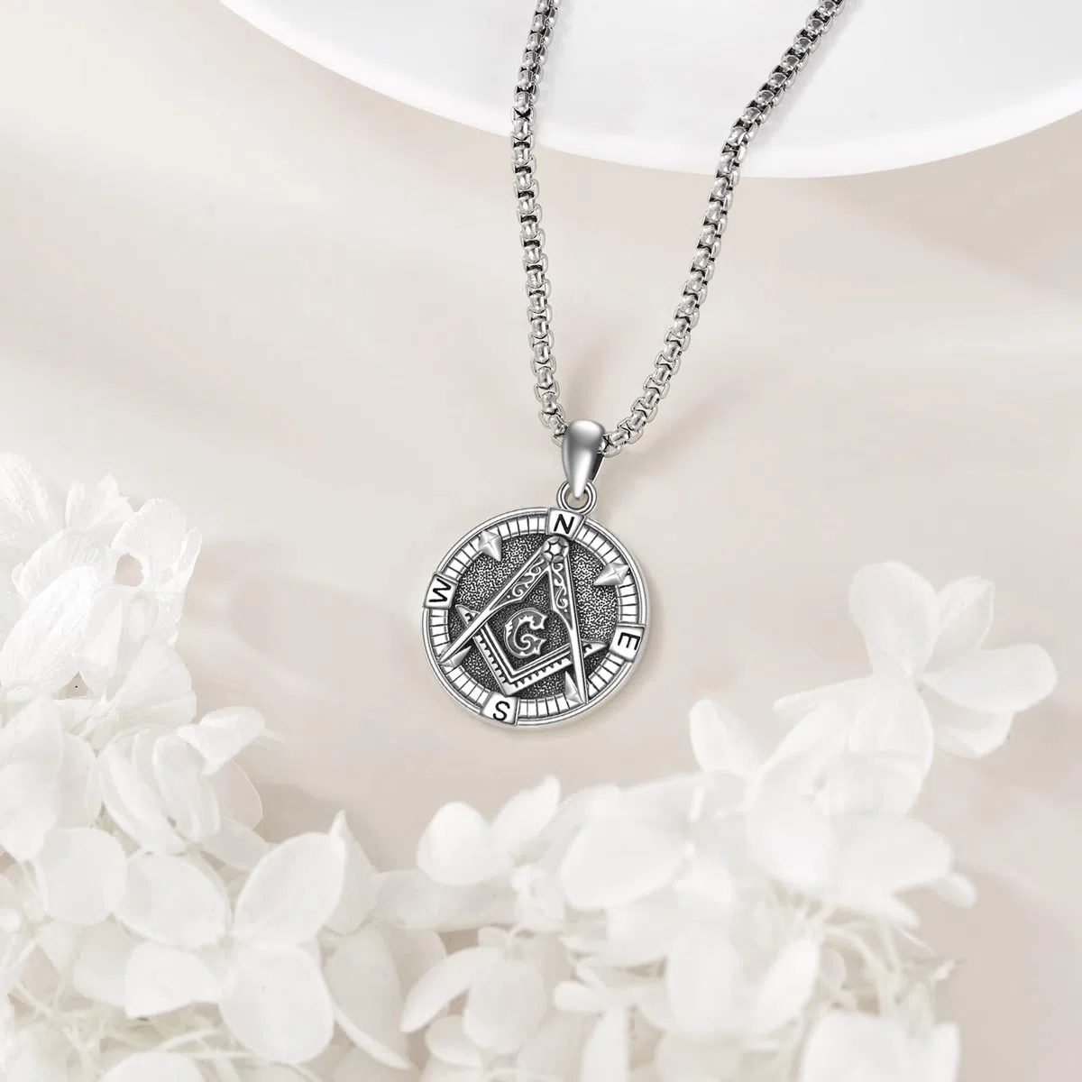 ONEFINITY Collar masónico de plata de ley 925 con colgante de brújula masónica, collar de masonería, símbolo de masón, joyería para hombre, talla única, Plata, No es una piedra preciosa