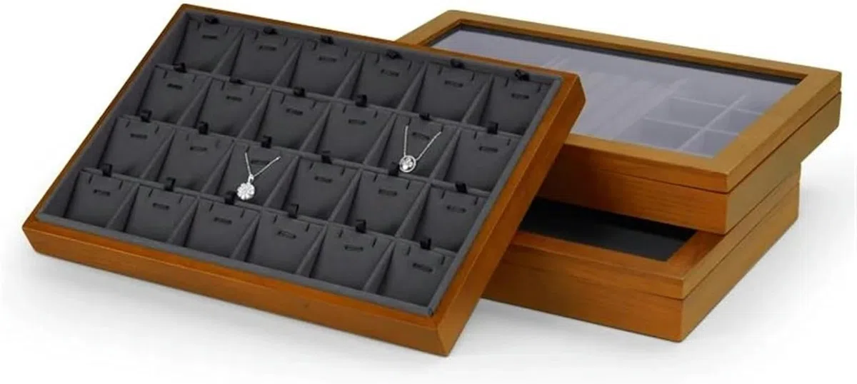 Caja organizadora de Joyas de Madera para Anillos, Cajas Grandes con Tapa Transparente, Almacenamiento apilable de Madera Maciza para Joyas~/ (Gris Oscuro DA)