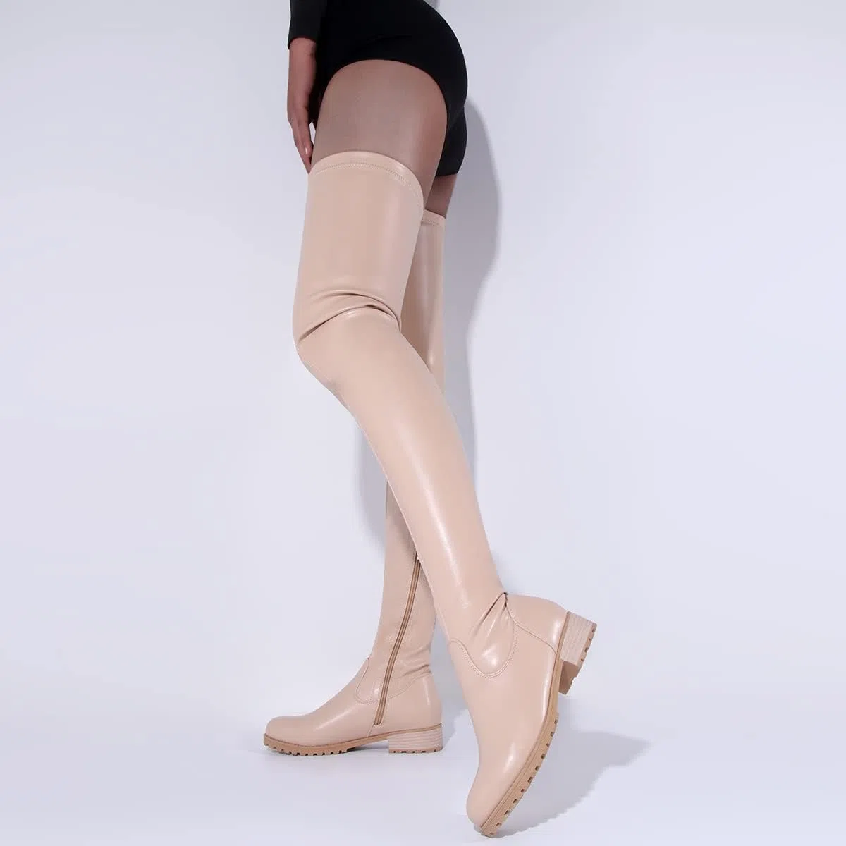 Botas Altas hasta el Muslo para Mujer,Botas Invierno elásticas por Encima la Rodilla Cremallera Punta Redonda tacón bajo Grueso,Botas Combate cómodas,Botas largas Motociclista,Apricot,35.5 EU