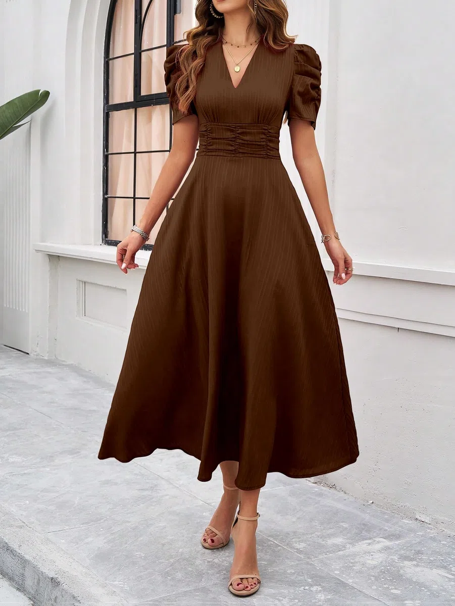 Shasmi Vestido largo liso para niñas y mujeres, cuello en V, línea A, vestido de fiesta de Año Nuevo, cintura, mangas abullonadas, vestido occidental, elegante ropa casual (vestido 246)