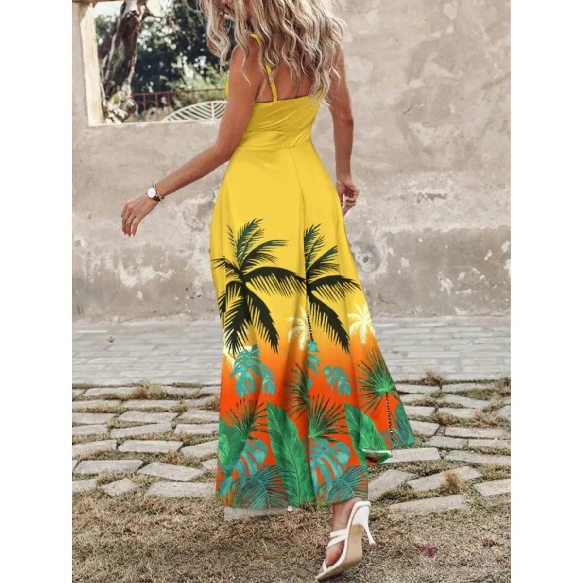 Vestidos Largos de Flores Bohemias de Verano Estilo Playa Femenino Sexy Vestido de Tirantes de Pasta de Cuello V Vestidos de Vacaciones Casuales, HUTALIM, Amarillo, m