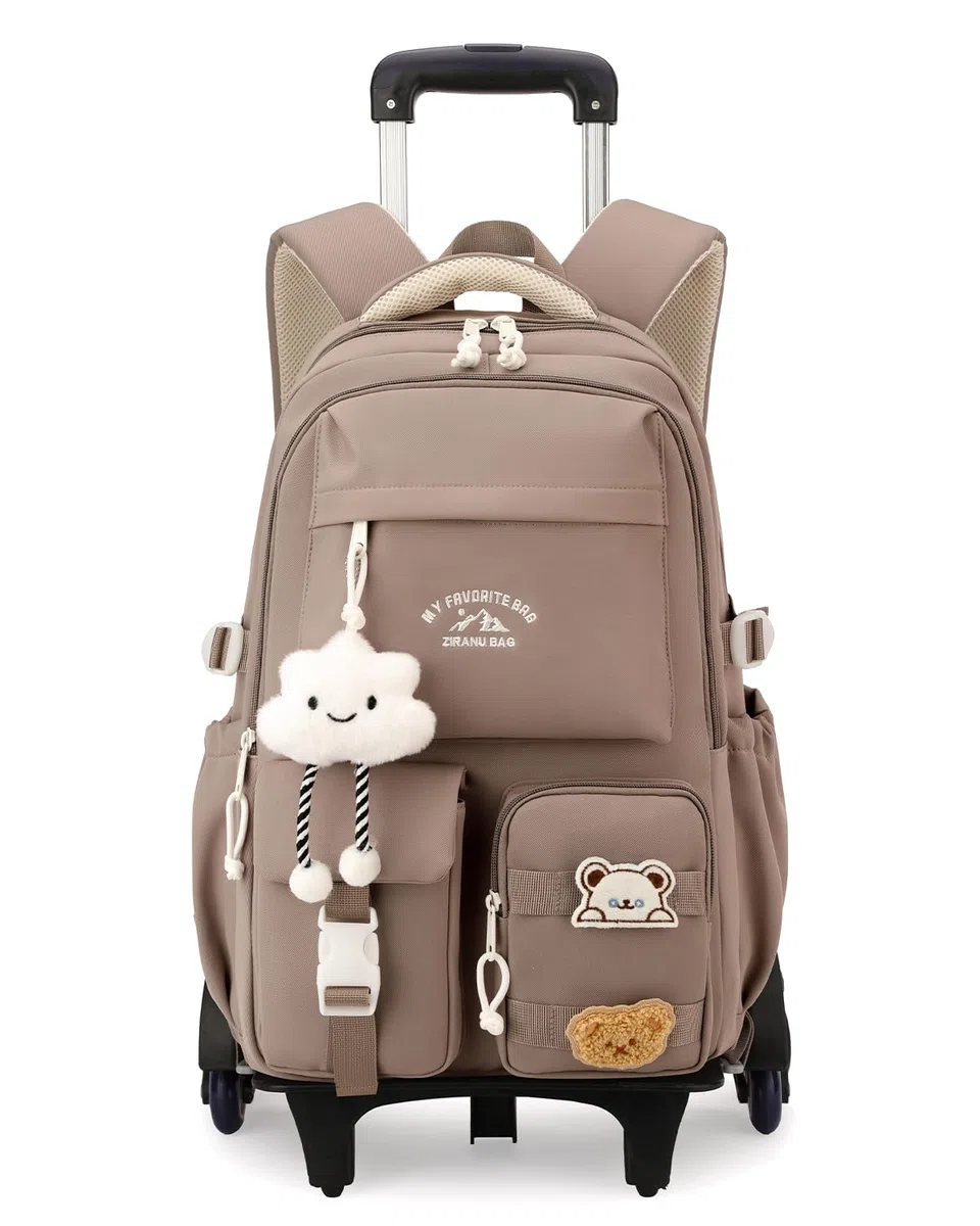 Tanou Mochila Escolar Niña con Ruedas, Mochilas Adolescente Chica con Carro | 30L, Trolley Desmontable Mochila Instituto de Viaje con 6 Ruedas, Marrón
