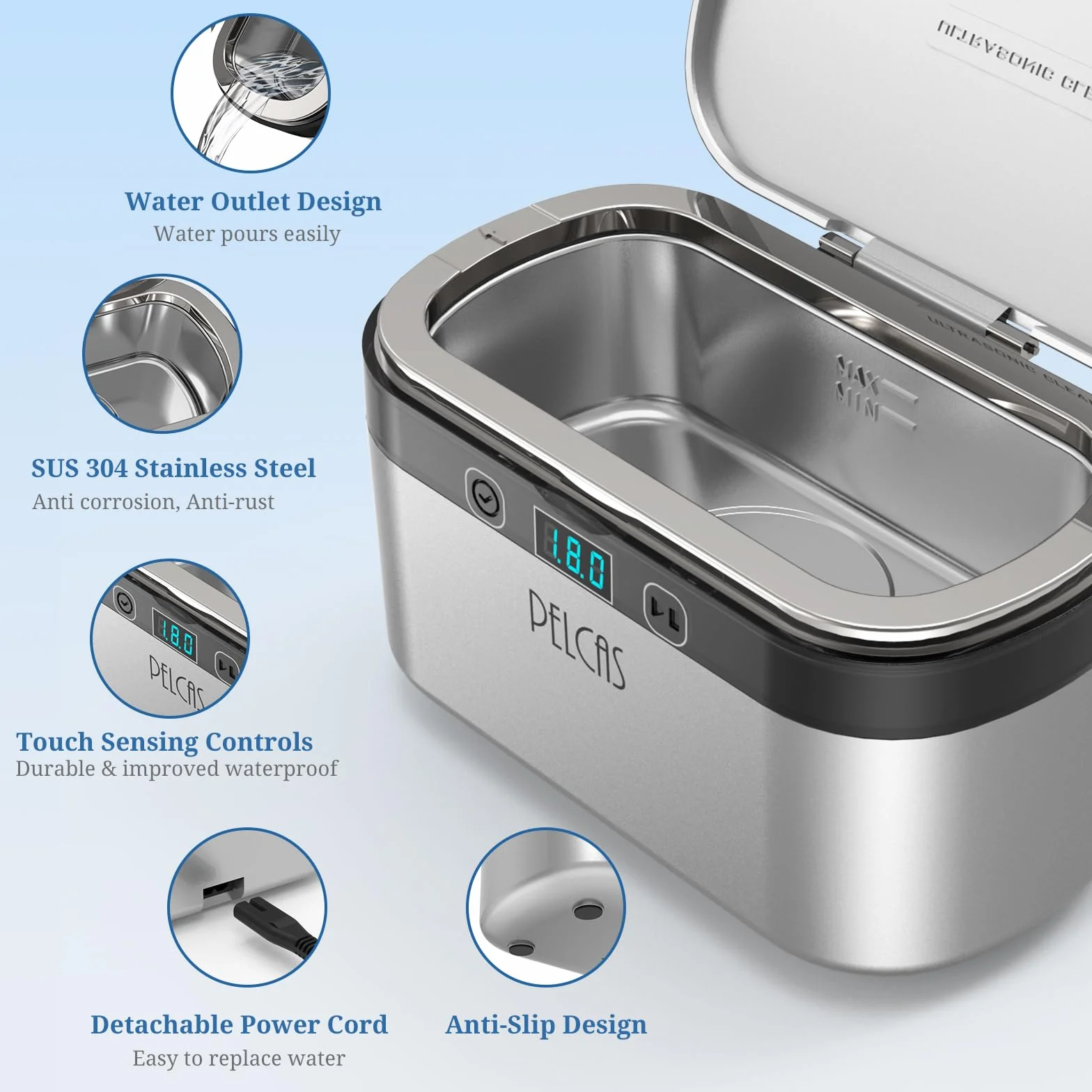 PELCAS Limpiador Ultrasonidos 45KHz 500ml Limpiador Ultrasónico Actualizado 38W Ultrasonidos Limpieza con Pantalla Táctil con 5 Modos de Temporizador para Joyería Dentaduras Postizas Gafas Relojes