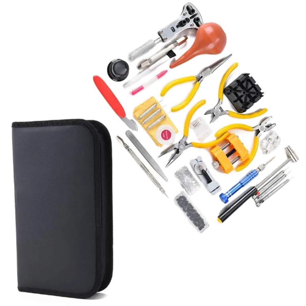 Kit de reparación de relojes en estuche de transporte, kit de herramientas de reparación de correa de reloj que incluye martillo, kit de herramientas de reemplazo de batería de reloj para reparar Var