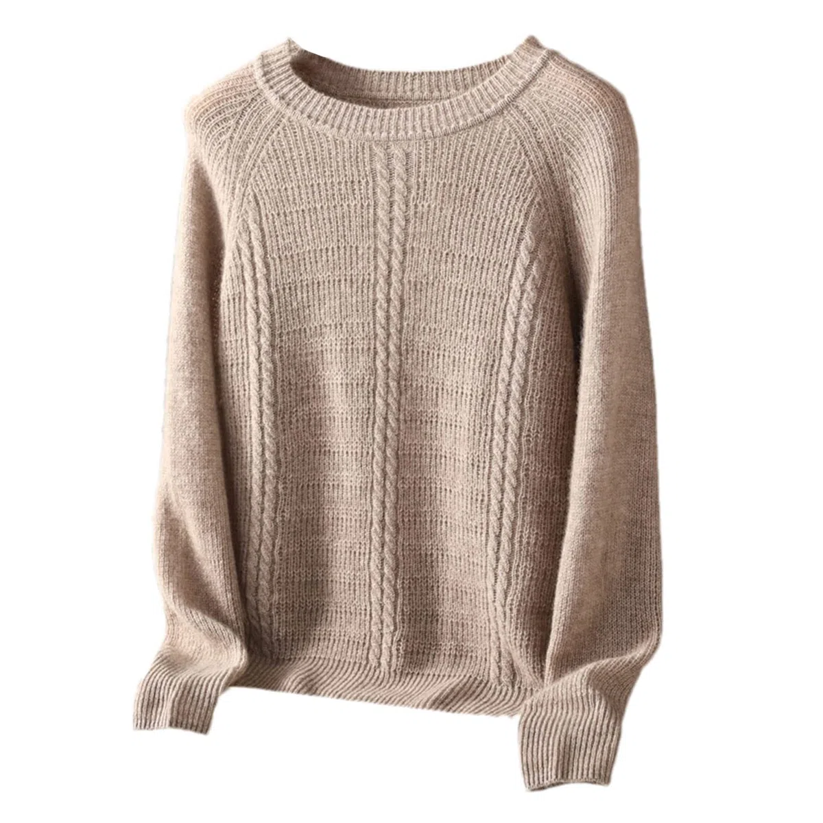 Kelsiop Primavera y otoño 100% suéter de cachemira de las mujeres suéter de cuello redondo casual de punto suelto de moda suéter cálido, marrón claro, L