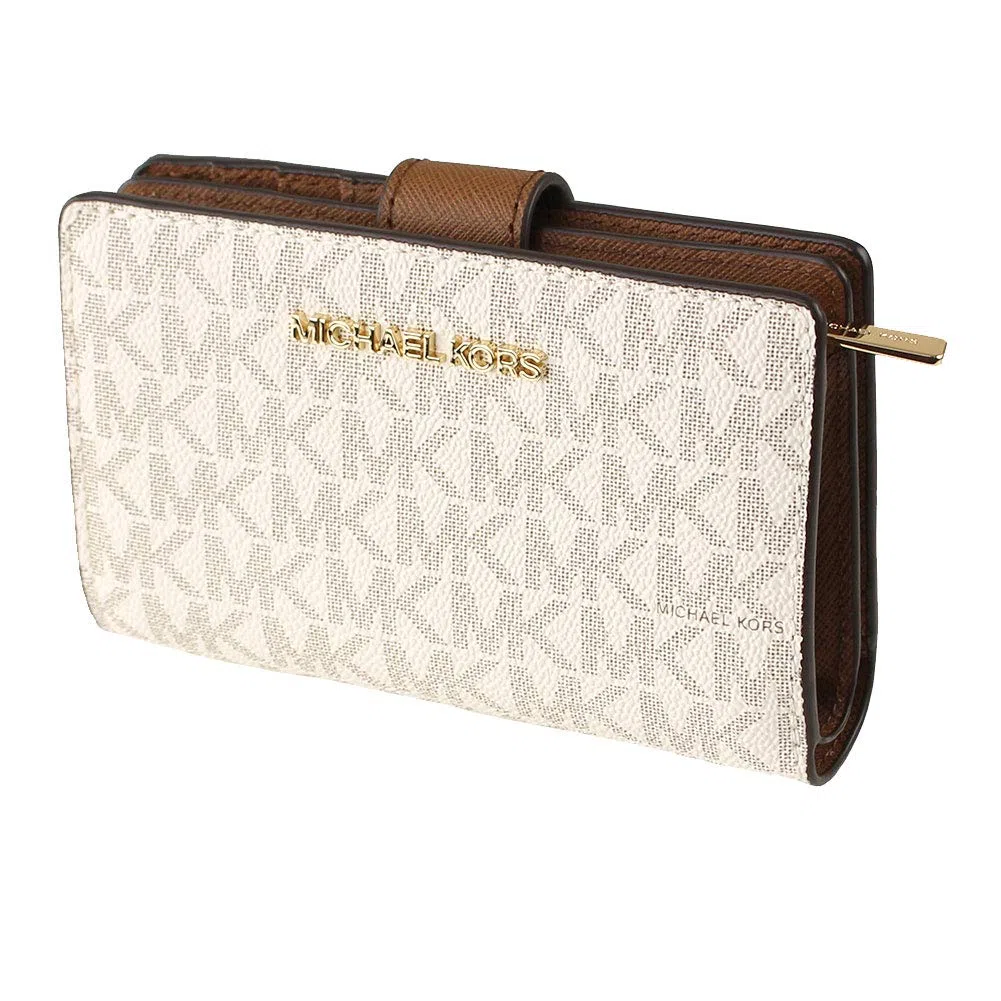 Michael Kors Billetera de Viaje Jet Set Logotipo Impreso Iniciales, Marrón, Cuero Saffiano, Bifold, Mujeres-Adultos, Con Monedero con Cremallera Forrado