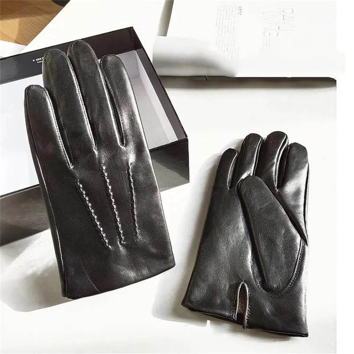 Guantes de piel de oveja auténtica para hombre, con forro de lana, para invierno, cálidos, para ciclismo, conducción al aire libre