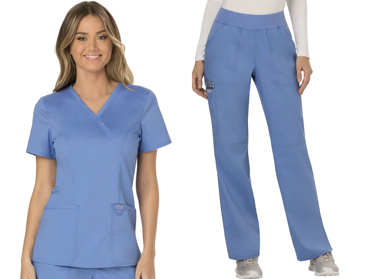 Cherokee Conjunto de uniforme médico para mujer, ajuste clásico moderno WW610 con pantalón de pierna recta de tiro medio, WW110, Ciel - S Top/M