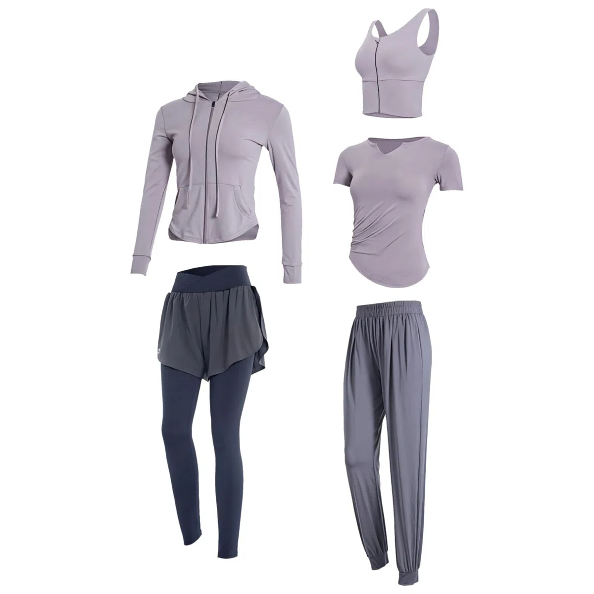 Xxl - Ropa de yoga y gimnasio para mujer, incluye pantalones cortos, sudadera, camiseta, brasier deportivo, leggings, se adapta de 135 a 150, tela transpirable, Gris púrpura., Talla única