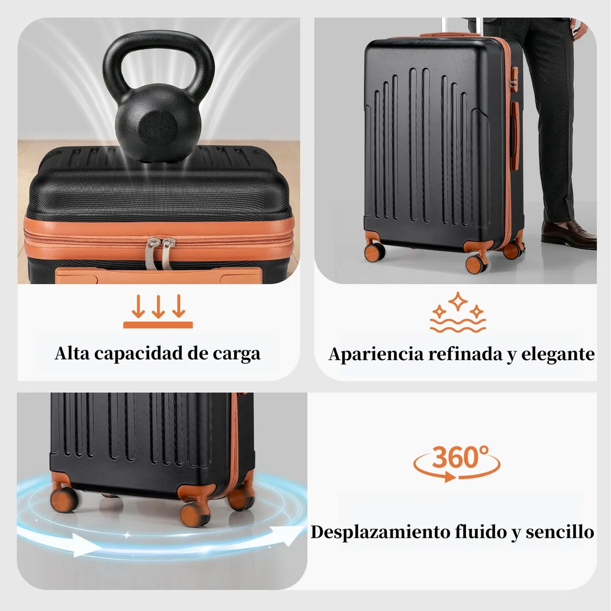 LEADZM Juego de Maletas de 4 Piezas con Neceser (Negro-Marrón) | Maletas de Viaje Grandes 23 Kilos, Maleta Cabina, Mediana, Maleta de Viaje