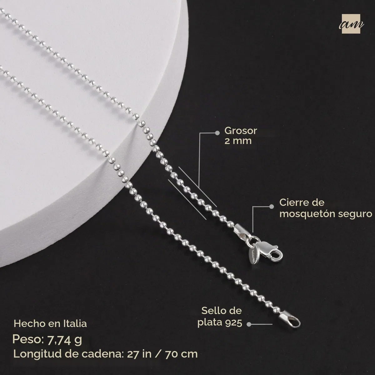 Amberta Cadena de Bolas en Plata de Ley 925 para Mujer 2 mm