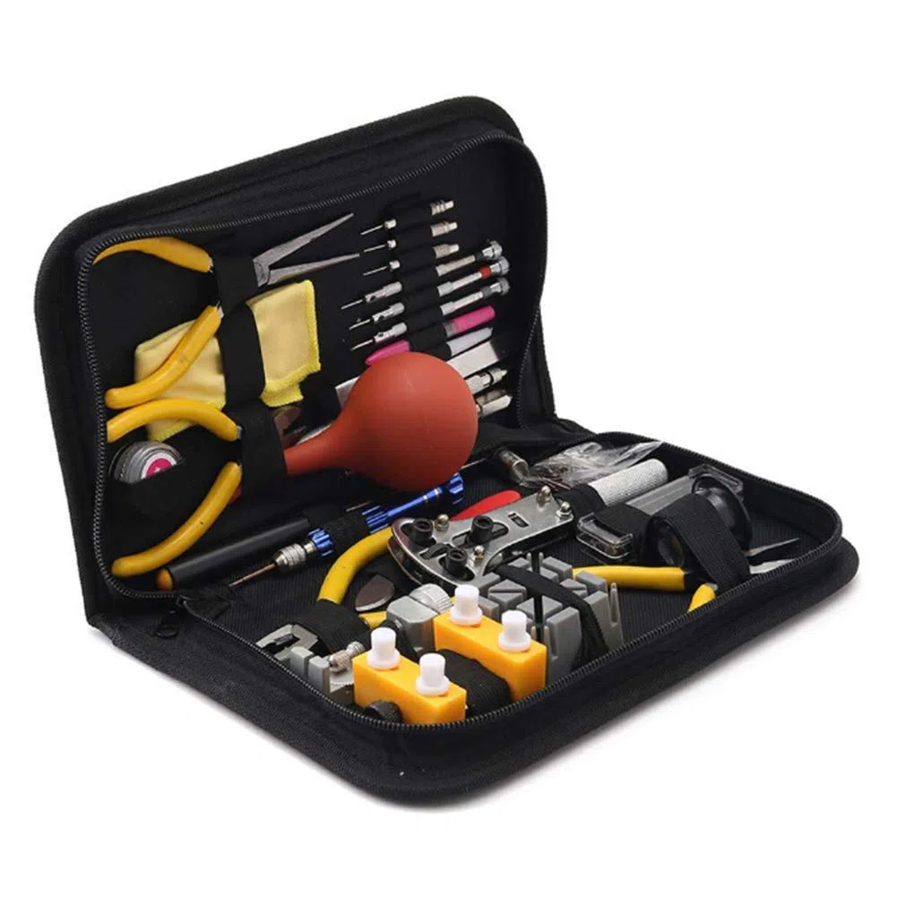Kit de reparación de relojes en estuche de transporte, kit de herramientas de reparación de correa de reloj que incluye martillo, kit de herramientas de reemplazo de batería de reloj para reparar Var