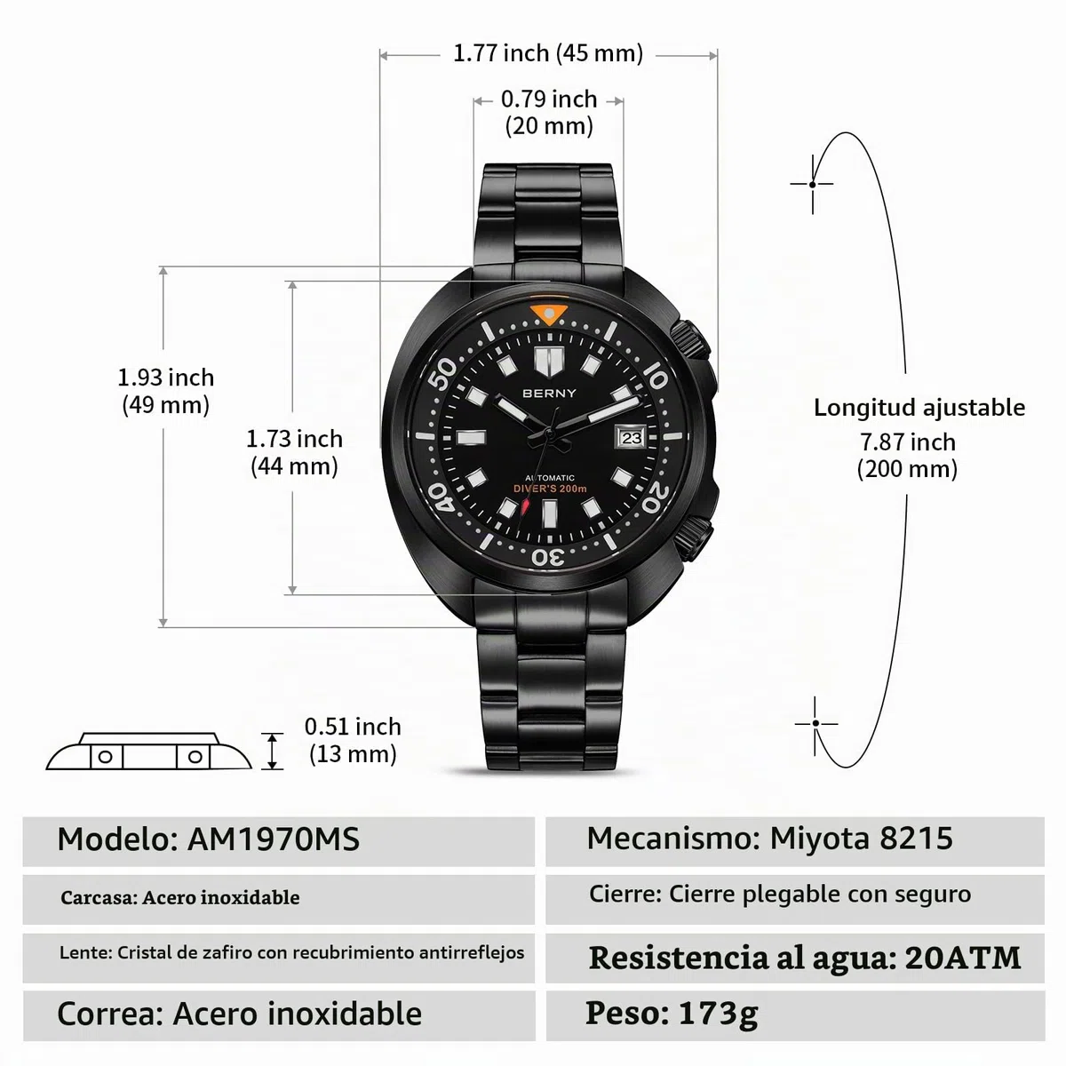 BERNY Reloj Automático Hombre Reloj De Buceo Todo Negro 200M Resistente Al Agua Reloj Analógico Mecánico De Pulsera Masculino con Fecha Super Luminosa Correa De Fluoroelastómero