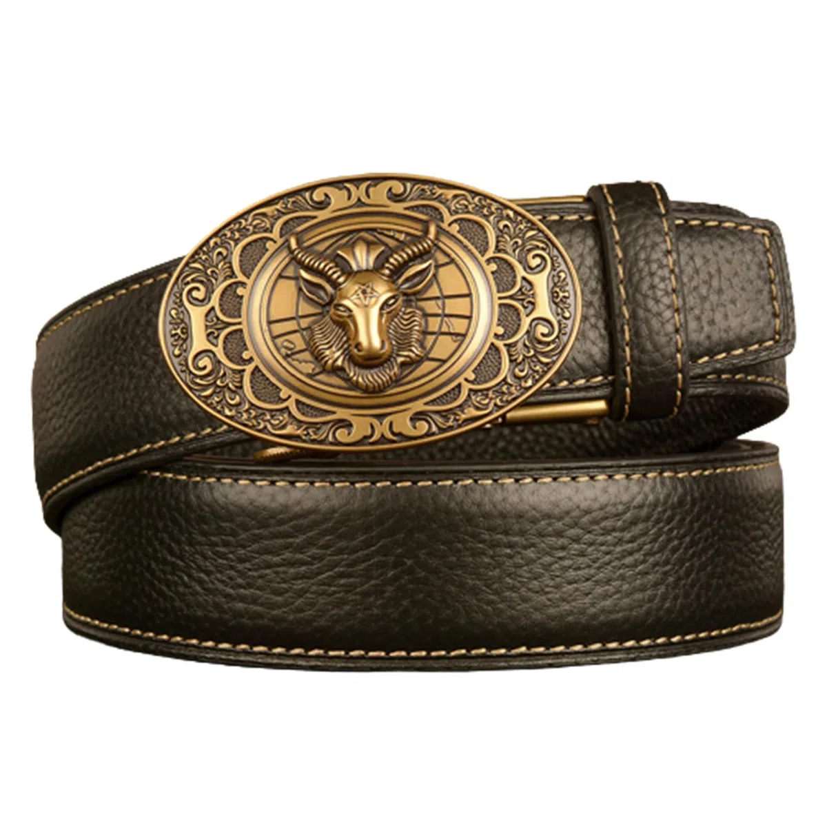 Cinturón De Trinquete Deslizante Cuero Con Hebilla Automática Tallada En Animal, Cinturón Ajustable For Negocios E Informal, Cintura 115 Cm, 39 Pulgadas, Wolfpack