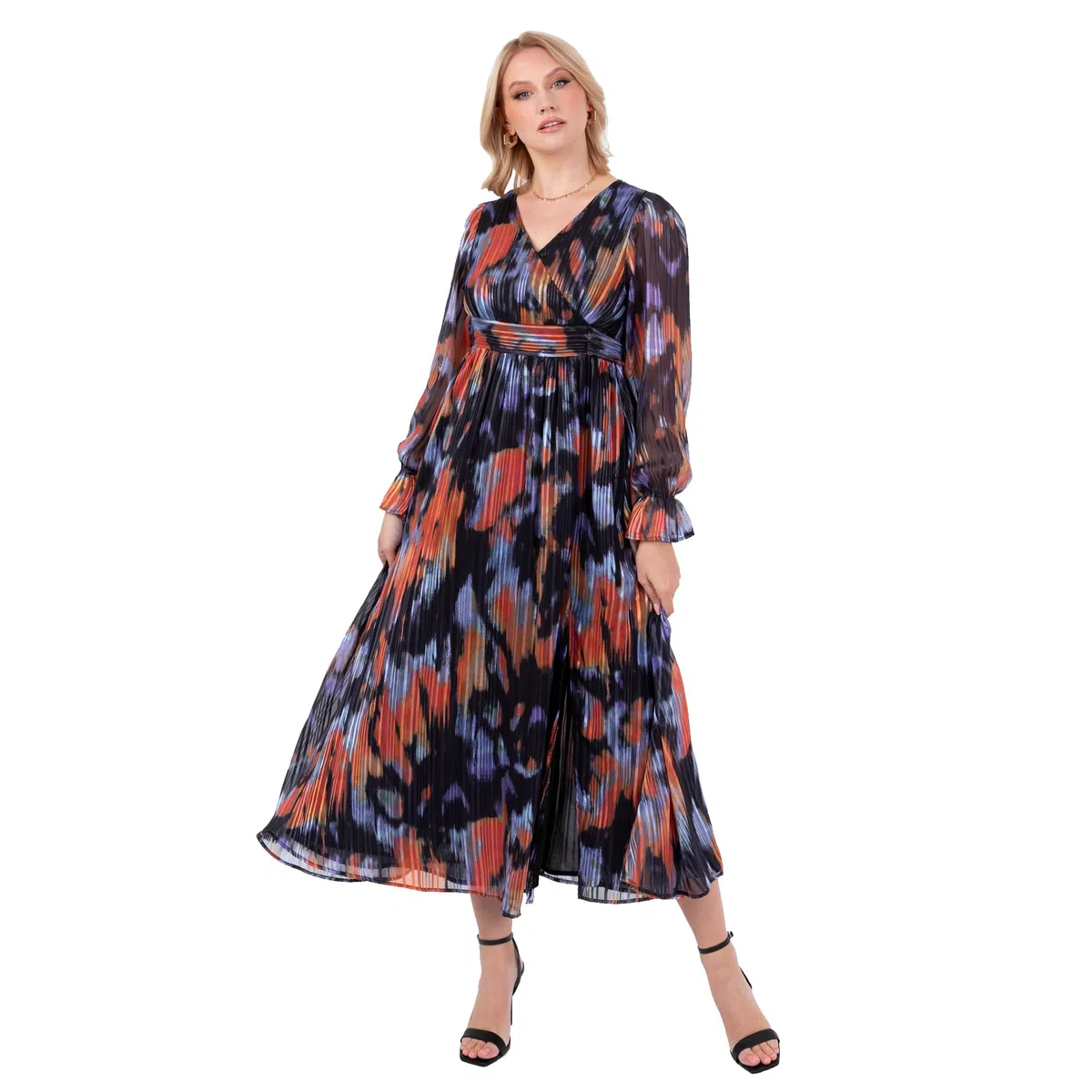 Lovedrobe Women's Midaxi Dress Ladies Ankle-Length Long Sleeve V-Neck Faux-Wrap Front Tie Belt Abstract Print A-Line Evening Party