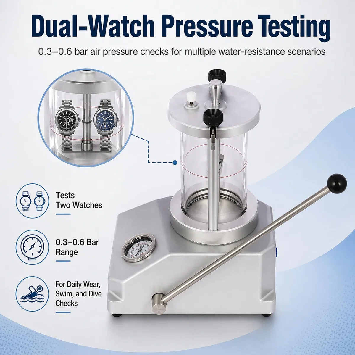 Probador de presión subacuática para reloj, herramienta de comprobación impermeable de 0,3 a 0,6 bar, marco de aluminio, sellos de goma para reloj electrónico de cuarzo mecánico