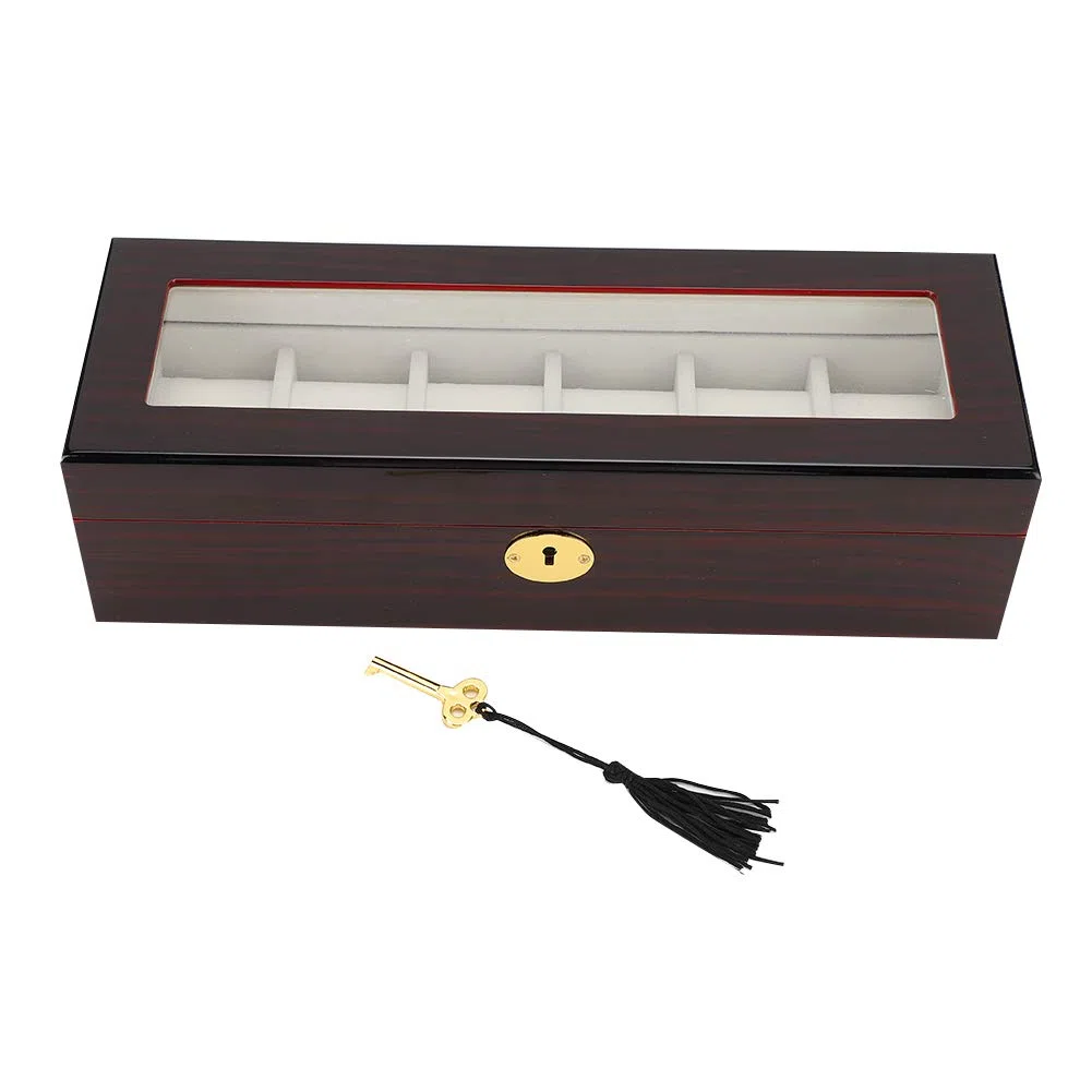 Caja de almacenamiento para relojes con llave, vitrina de madera de 6 rejillas para coleccionistas, organizador seguro para relojes de lujo, protector duradero para