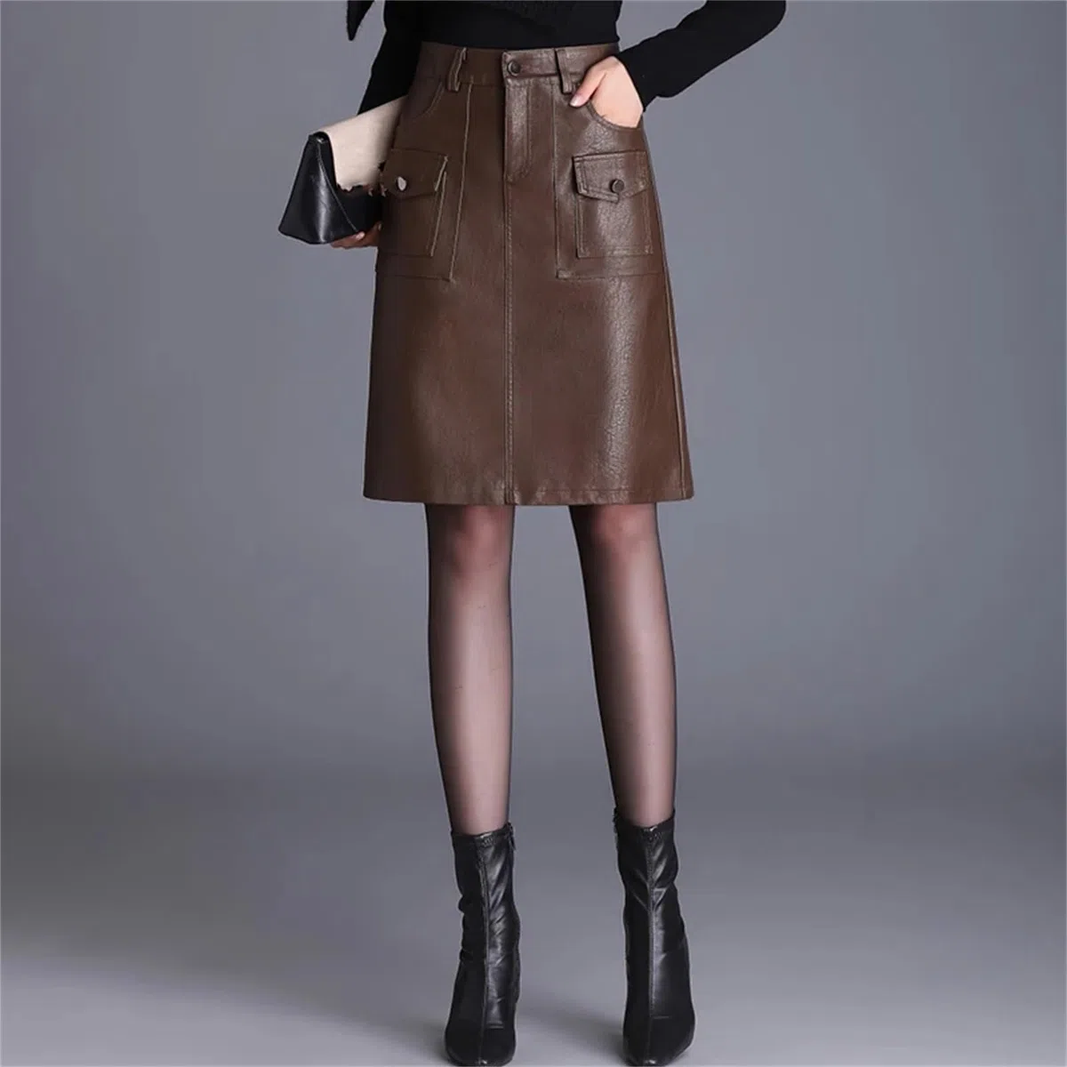 Falda corta de piel sintética para mujer, elegante falda corta de invierno de cintura alta