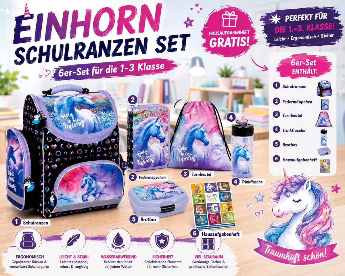 Goldkids - Mochila escolar para niños y niñas, juego de 6 - Mochila escolar para niños con bolsa de zapatos, estuche con equipamiento- cuaderno de tareas - Diseño de unicornio - 1-3 clase, Juego de 6,