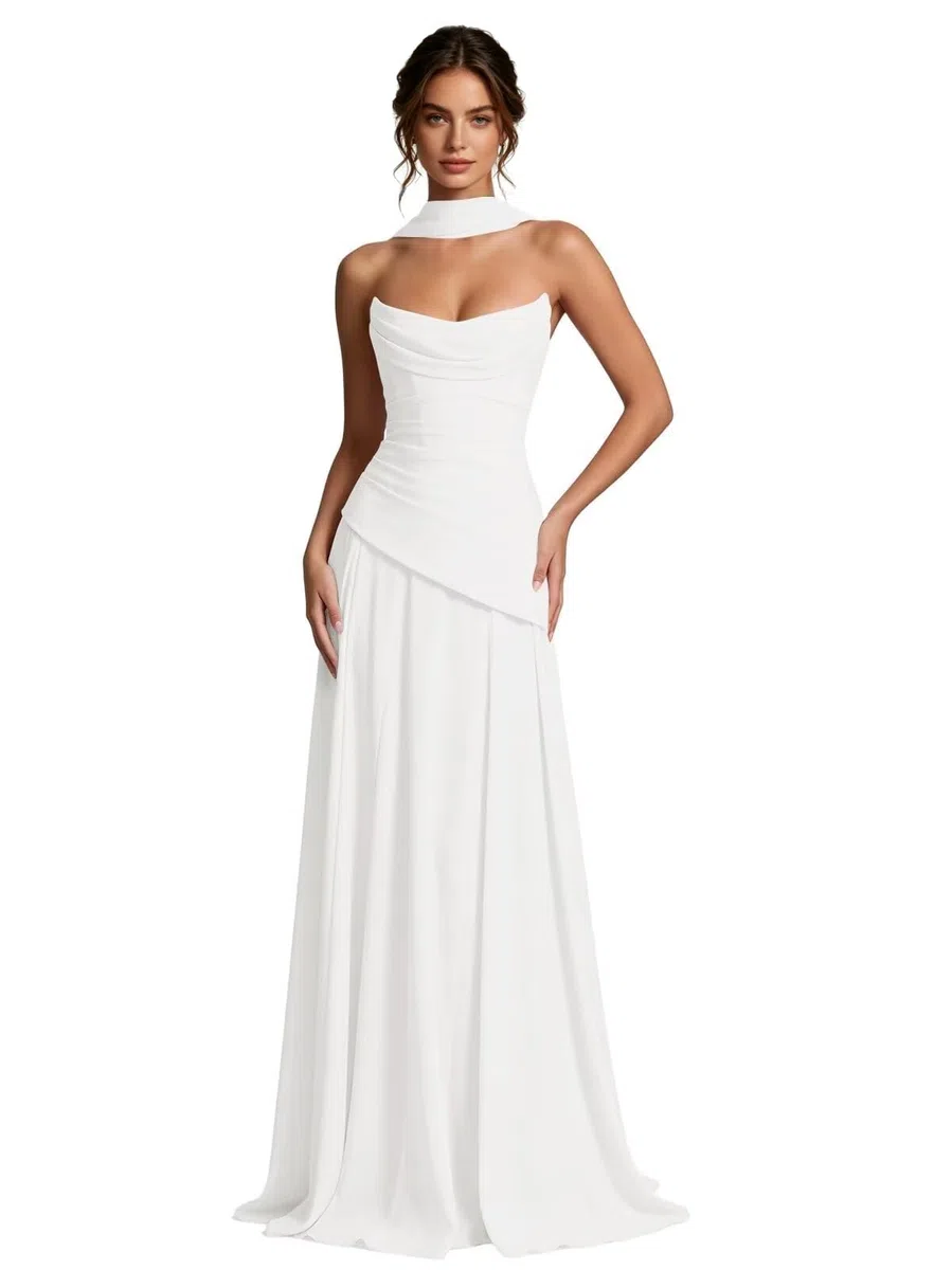 Vestidos largos de gasa sin tirantes para dama de honor para boda con bufanda | Vestido de fiesta de noche, plisado, acampanado, formal, vestido largo para invitada de boda